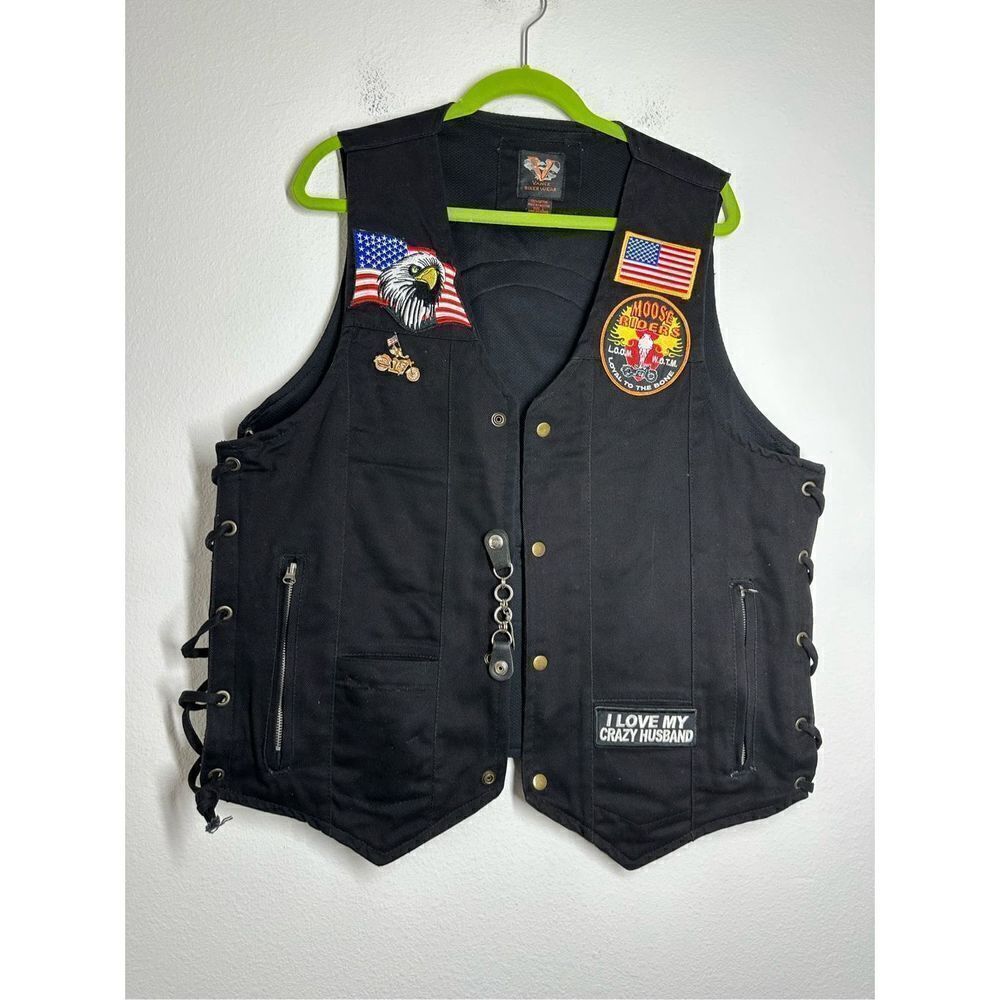 Vance Biker Wear Women’s V-Neck Denim Vest Motorcycle Riders Patches Pin Size L